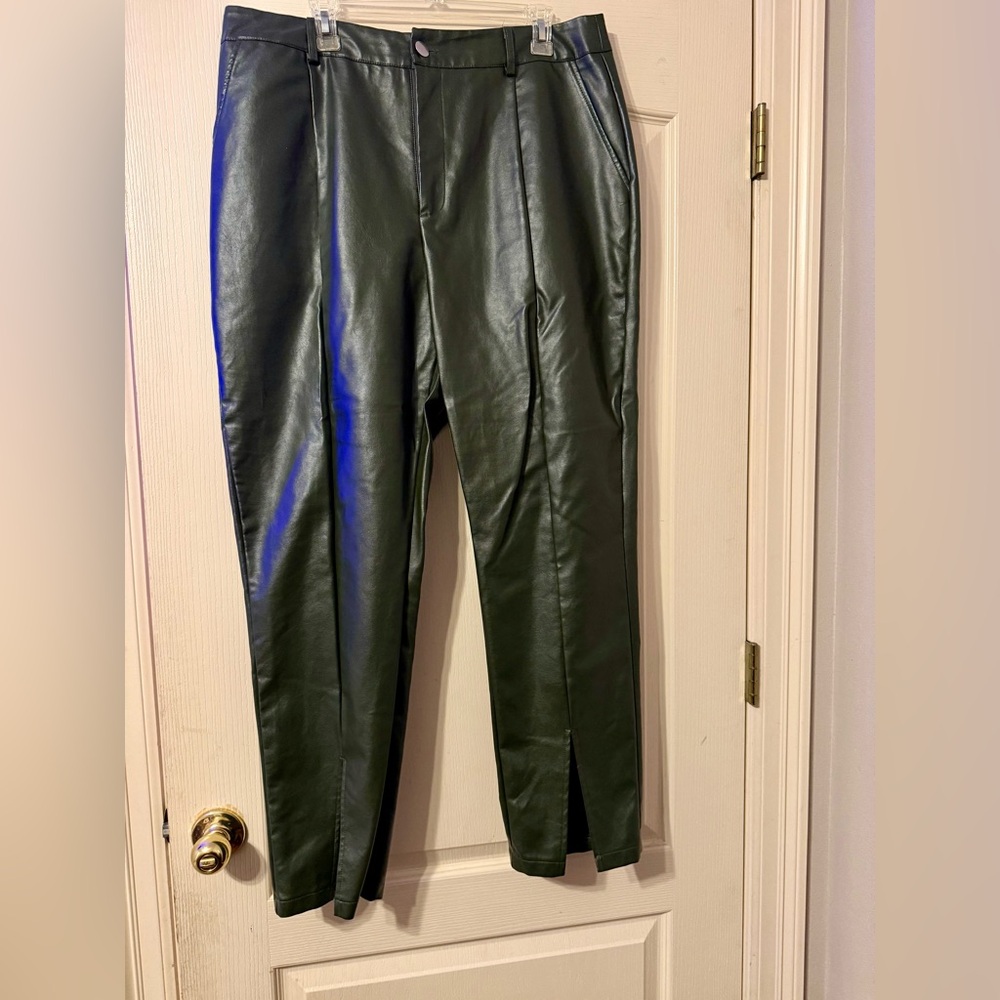 PrettyLittleThing Faux Leather Split Hem Pants | Size Large | Olive Green